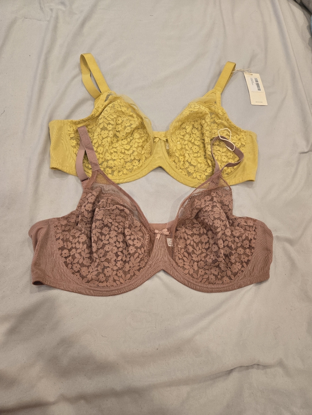 2 - Floral Lace Unlined Support Bra - Yellow and Nude